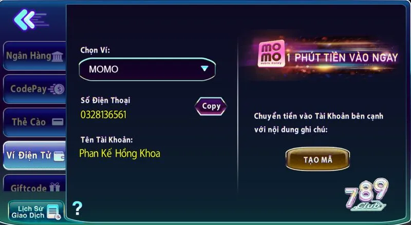 Đăng ký và nạp tiền để tận hưởng quay slots 789club ngay