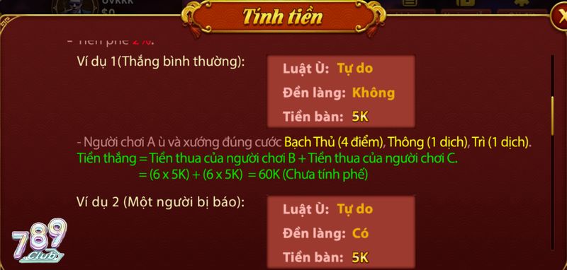 Hướng dẫn tính tiền phế trong game bài Chắn 789 club